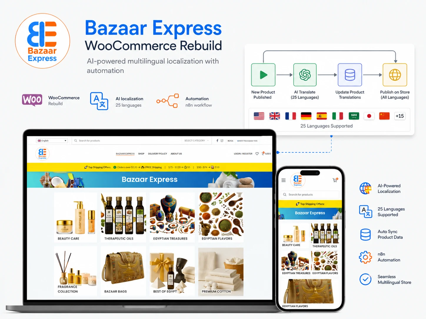 Bazaar Express WooCommerce rebuild with AI localization across 25 languages and automation