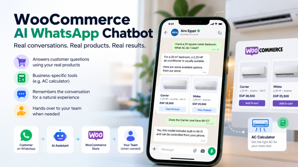 WooCommerce AI WhatsApp chatbot connected to products and business tools
