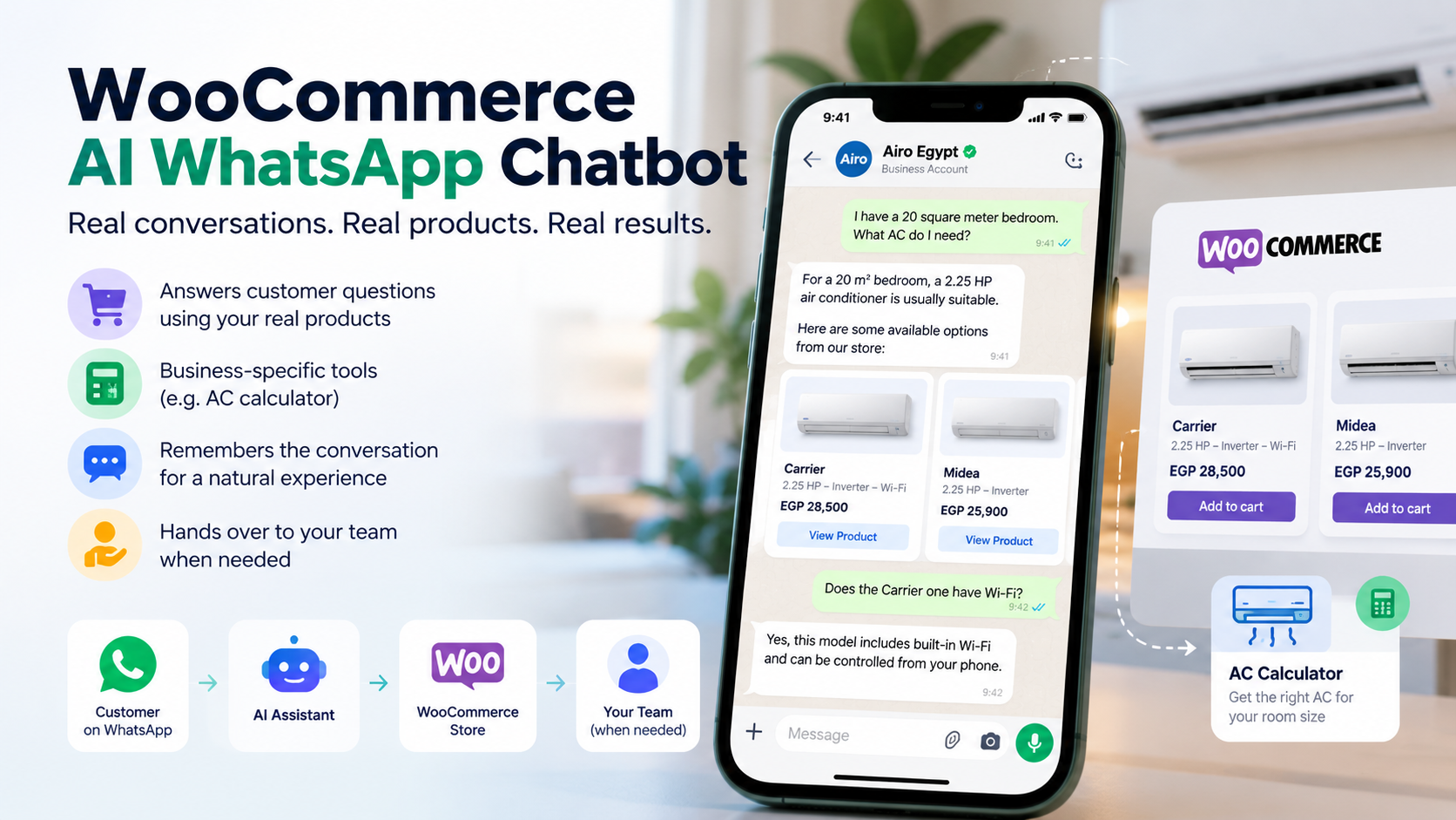 WooCommerce AI WhatsApp chatbot connected to products and business tools